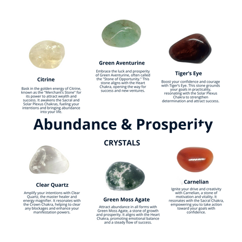 ABUNDANCE AND PROSPERITY Crystals Set, Healing Crystals, Citrine, Green Aventurine, Tiger’s Eye, Clear Quartz, Green Moss Agate, Carnelian