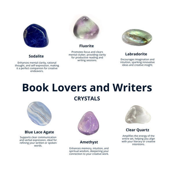 BOOK LOVERS and WRITERS Crystal Set for Focus, Imagination, and Inspiration: 6 Crystals Set, Sodalite, Fluorite, Amethyst, Labradorite, Clear Quartz, Blue Lace Agate