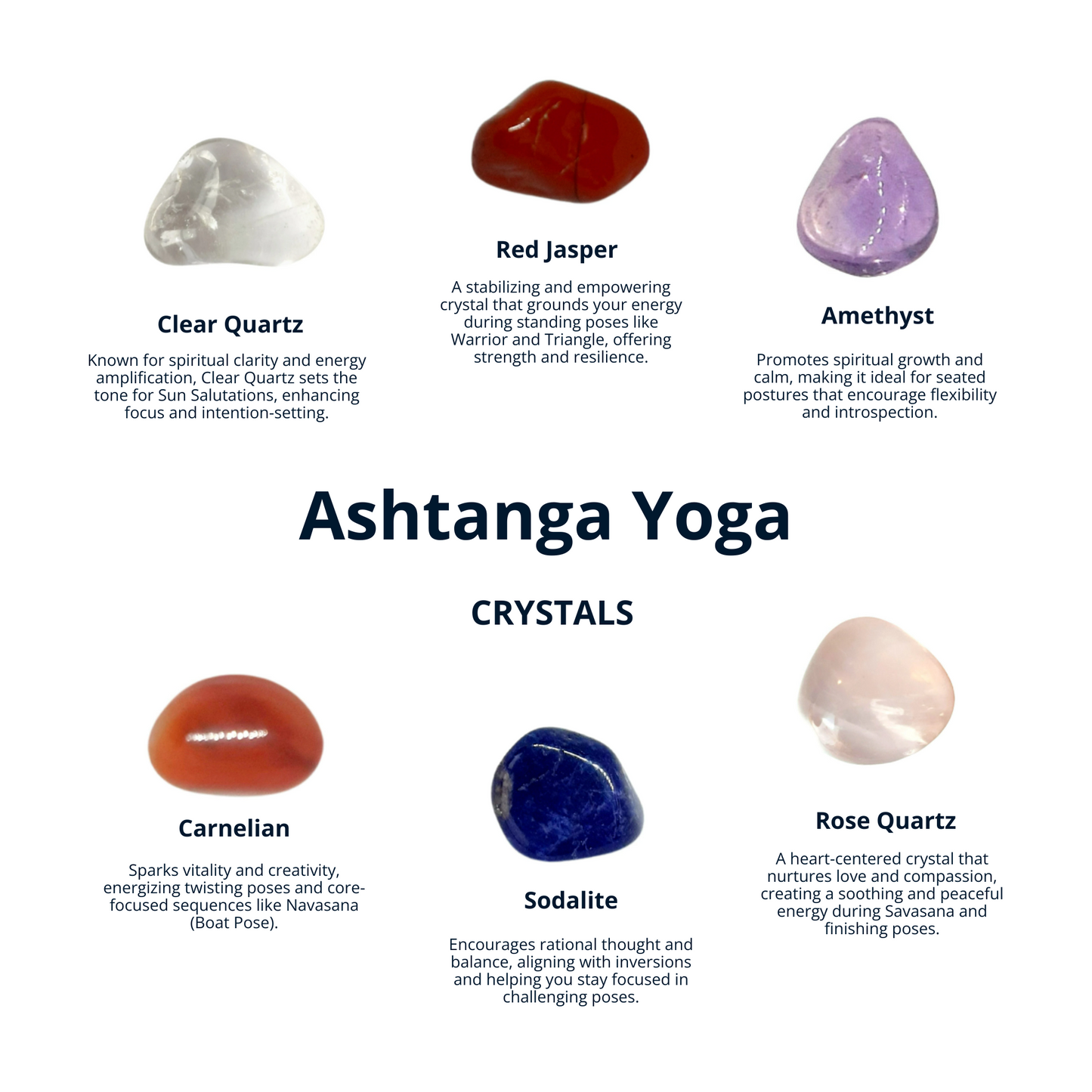 Ashtanga Yoga Crystal Set: Clear Quartz, Amethyst, Carnelian, Rose Quartz, Sodalite, Red Jasper (Copy)