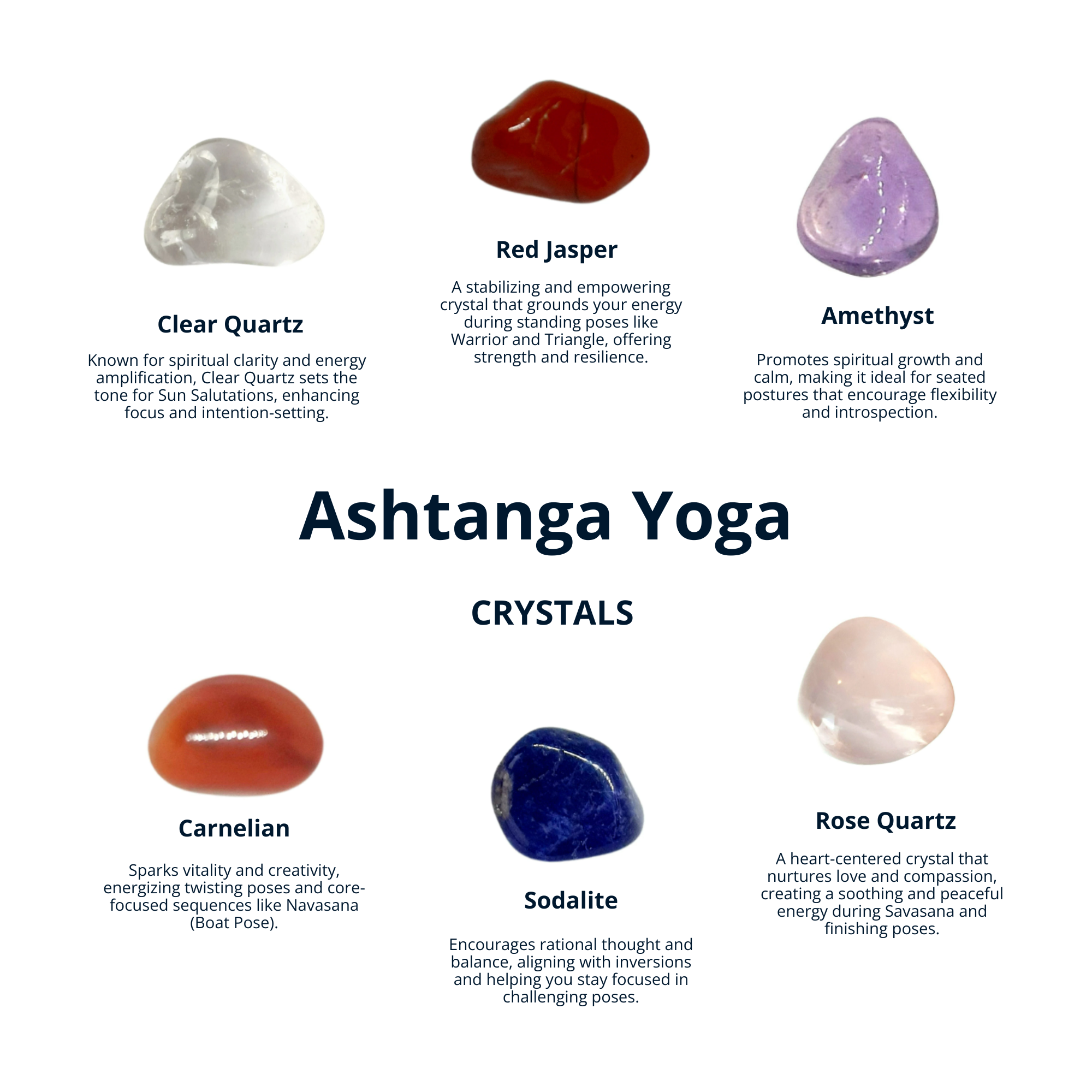 Ashtanga Yoga Crystal Set: Clear Quartz, Amethyst, Carnelian, Rose Quartz, Sodalite, Red Jasper