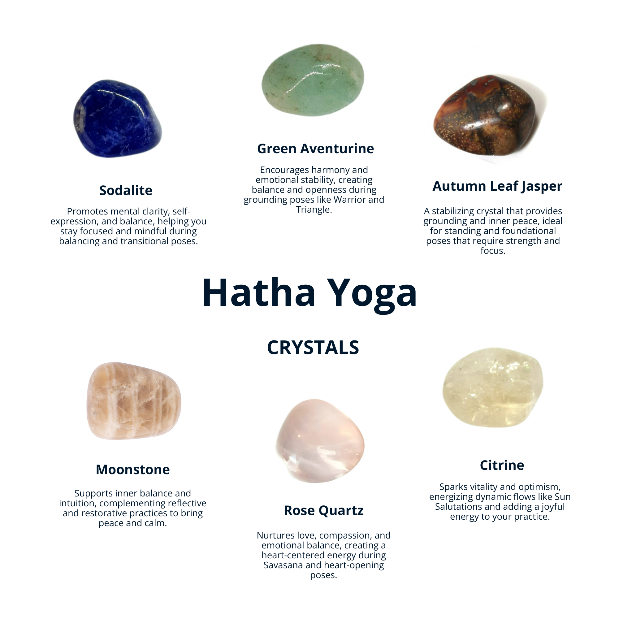 Hatha Yoga Crystal Set: Sodalite, Green Aventurine, Autumn Leaf Jasper, Moonstone, Rose Quartz, Citrine