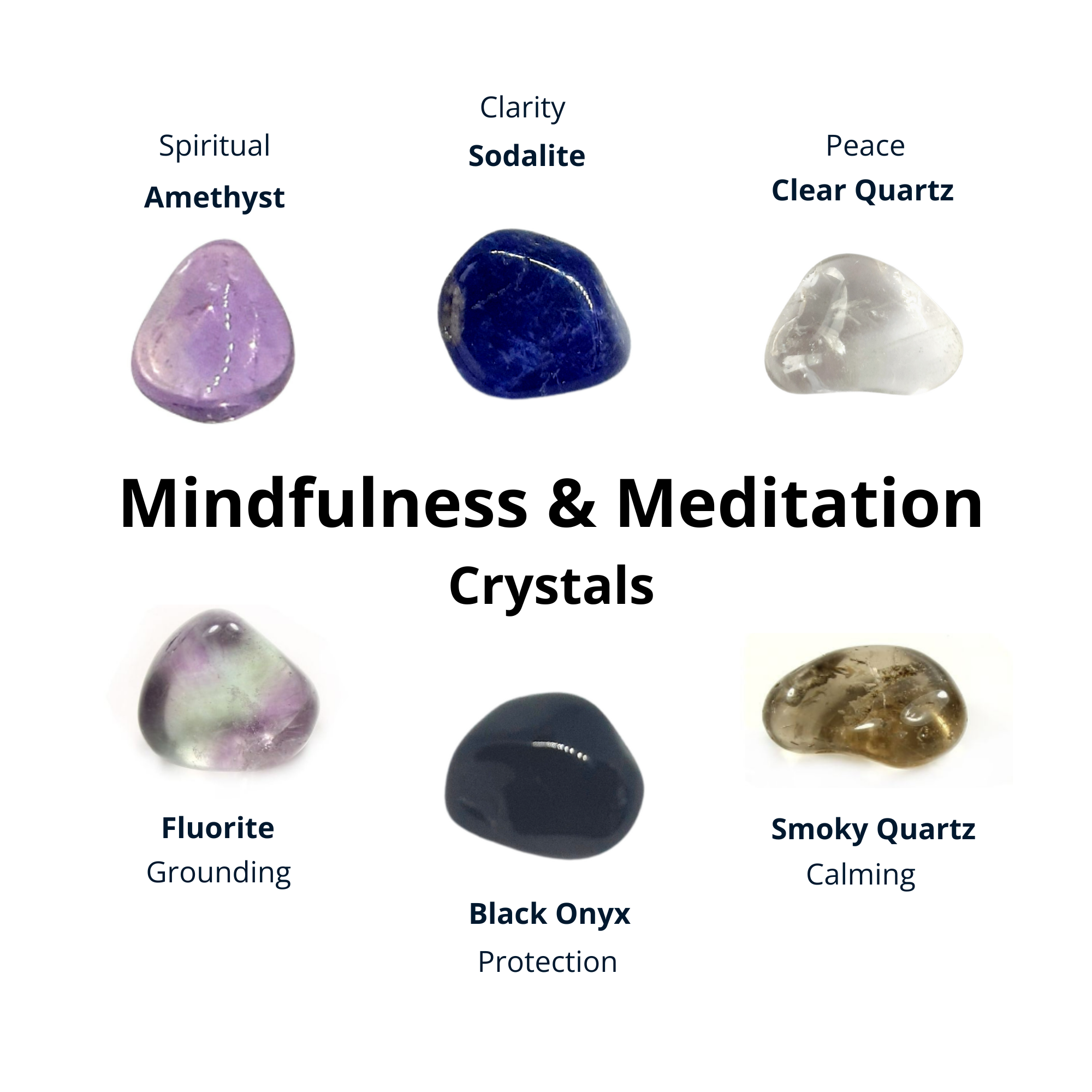 Mindfulness and Meditation Crystal Healing Set, Amethyst, Sodalite, Quartz, Fluorite, Smoky Quartz,