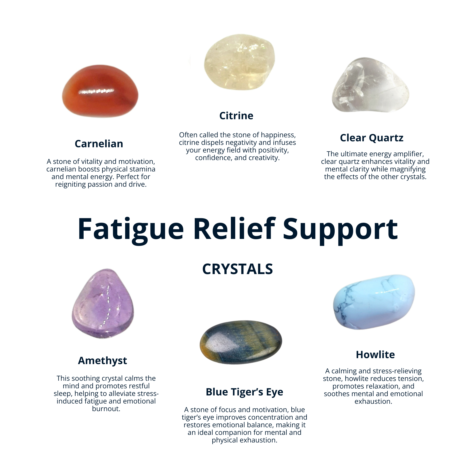 FATIGUE RELIEF CRYSTAL Set: Carnelian, Citrine, Clear Quartz, Amethyst, Blue Tigers Eye, Howlit, Healing Stones, Gemstones, Spiritual Gift