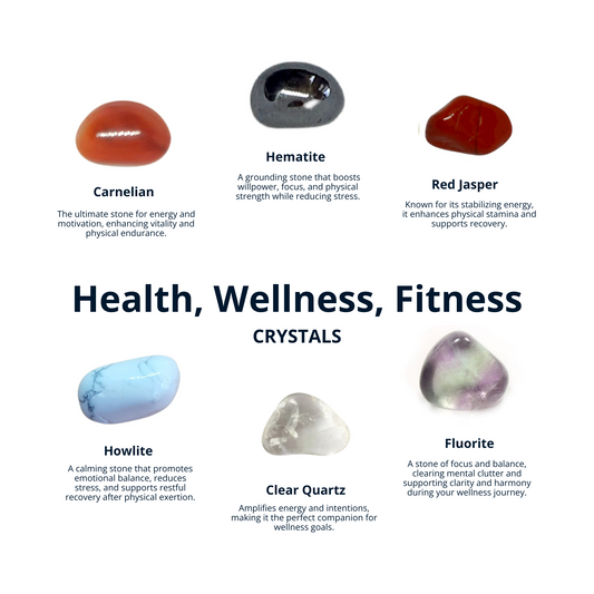HEALTH, WELLNESS, FITNESS Health Crystal Set for Energy, Strength, & Vitality: Carnelian, Hematite, Quartz, Red Jasper, Howlite, Fluorite