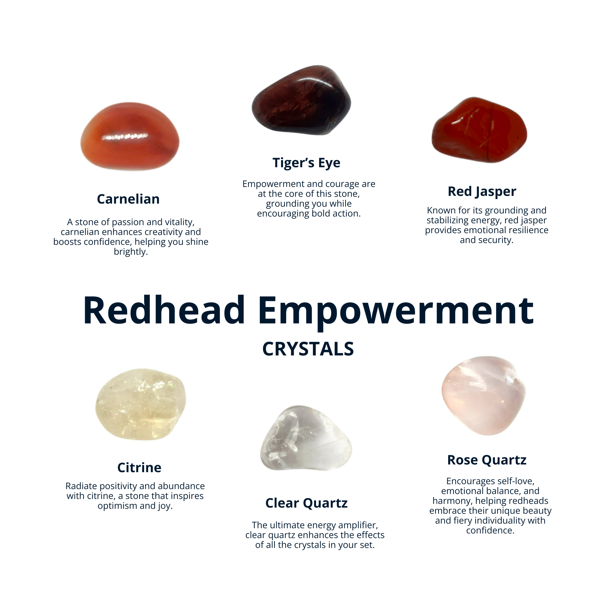 Redhead Crystal Set for Strength, Confidence, Vitality: 6 Crystals Set, Carnelian, Tiger Eye, Red Jasper, Citrine, Clear Quartz, Rose Quartz