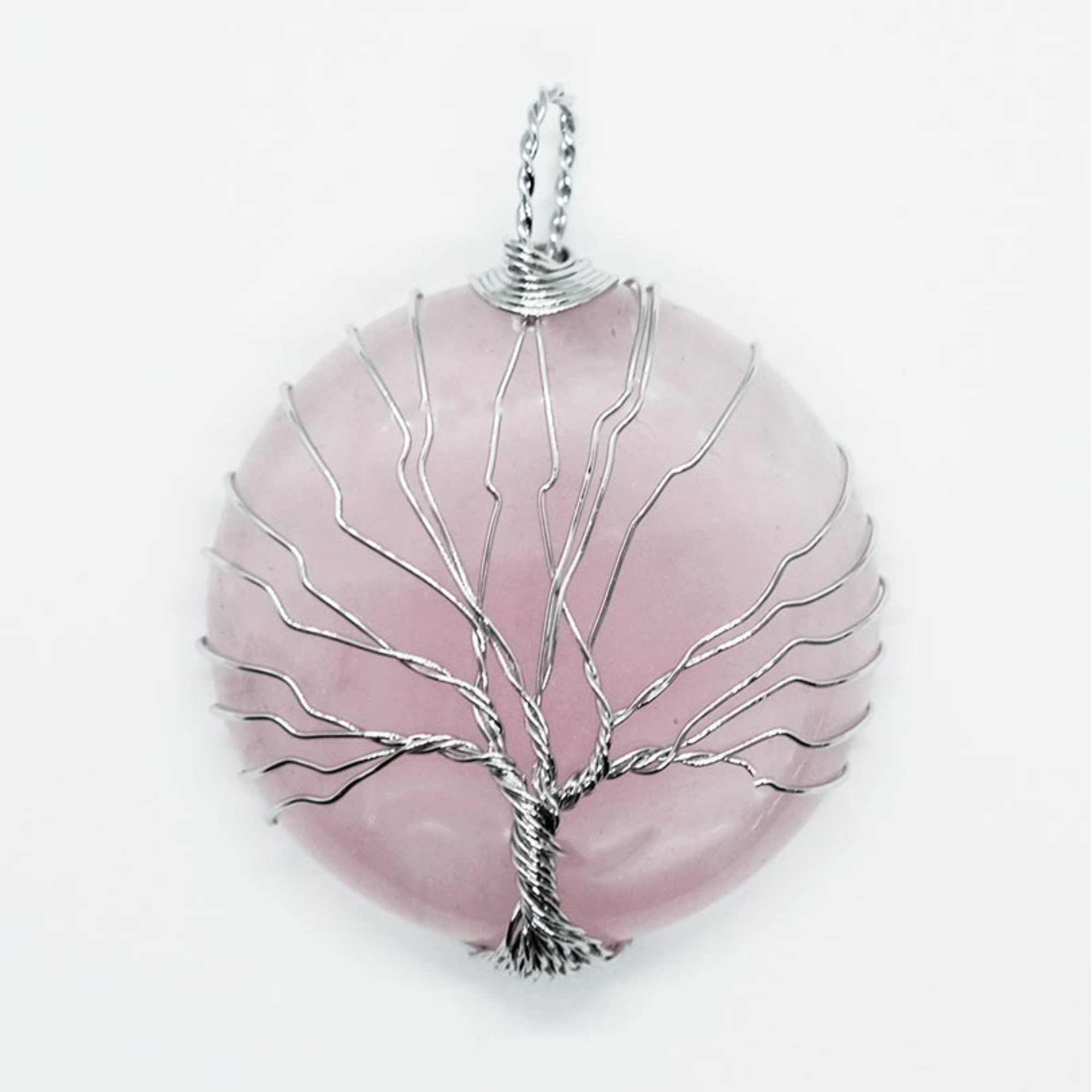 Rose Quartz Round Tree of Life  Pendant Necklace