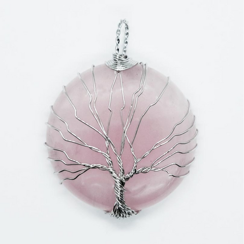 Rose Quartz Round Tree of Life  Pendant Necklace