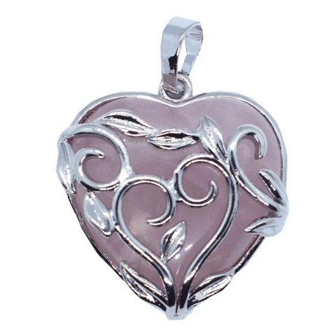 Rose Quartz Heart in a Flowery Cage Pendant Necklace