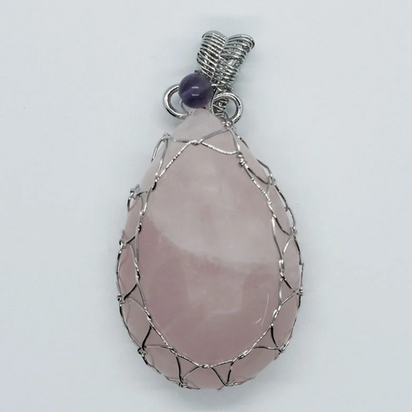 Rose Quartz Drop Wired with Amethyst Pendant Necklace
