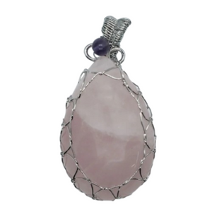 Rose Quartz Drop Wired with Amethyst Pendant Necklace