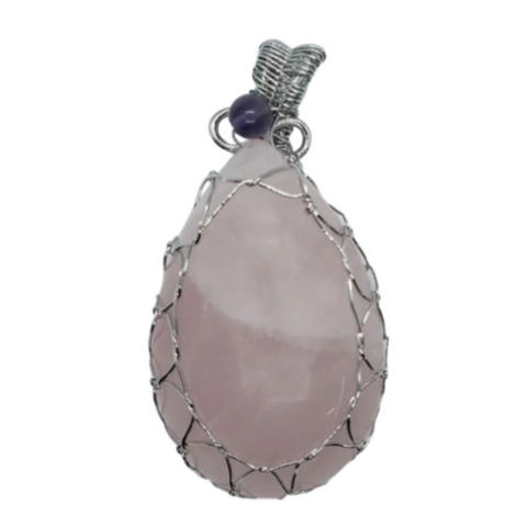 Rose Quartz Drop Wired with Amethyst Pendant Necklace