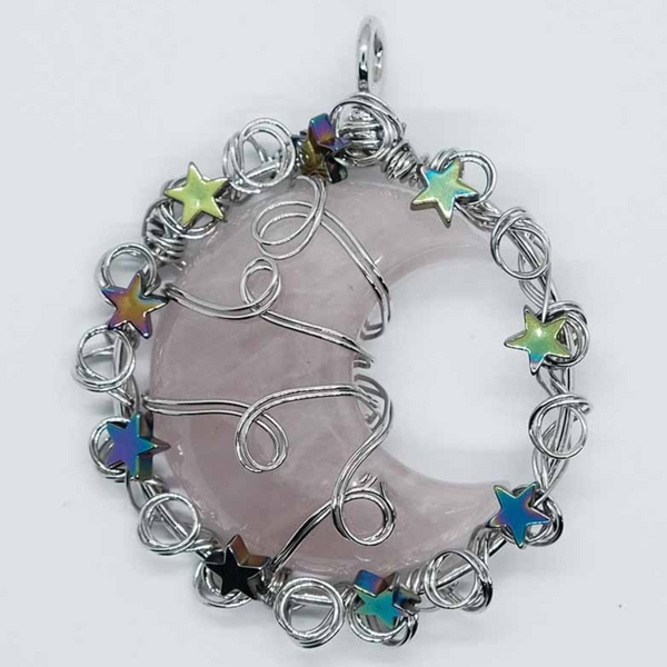 Rose Quartz Star Wired Moon Pendant Necklace