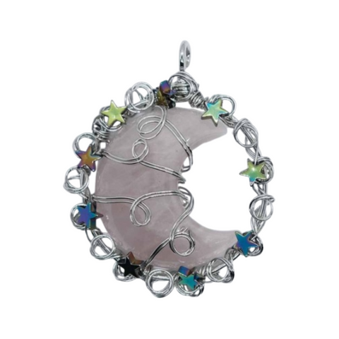 Rose Quartz Star Wired Moon Pendant Necklace