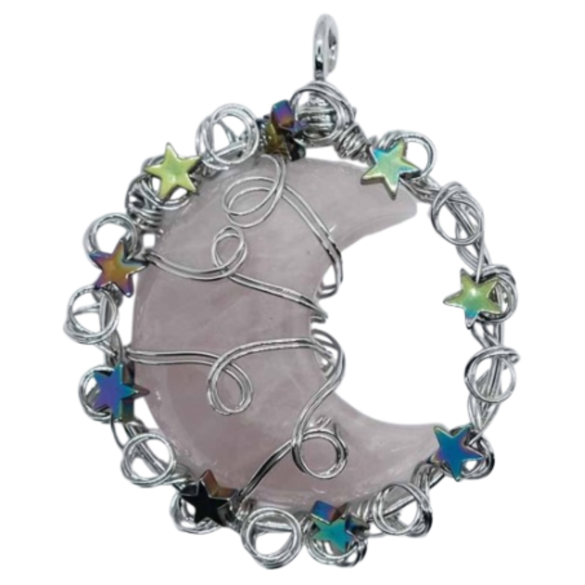 Rose Quartz Star Wired Moon Pendant Necklace