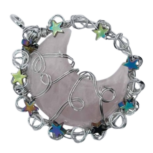 Rose Quartz Star Wired Moon Pendant Necklace