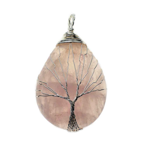 Rose Quartz Wire Wrapped Tree of Life Pendant Necklace