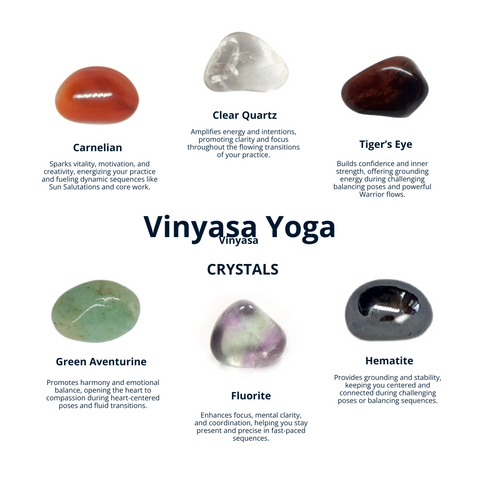 Vinyasa Yoga Crystal Set: Carnelian, Clear Quartz, Tiger’s Eye, Green Aventurine, Fluorite, Hematite