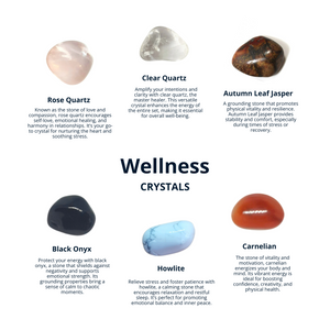 CRYSTALS for Wellness, Wellbeing, Holistic Health, Rose Quartz, Clear Quartz, Jasper, Black Onyx, Howlite, Carnelian