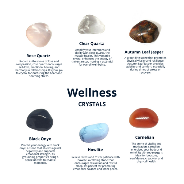 CRYSTALS for Wellness, Wellbeing, Holistic Health, Rose Quartz, Clear Quartz, Jasper, Black Onyx, Howlite, Carnelian