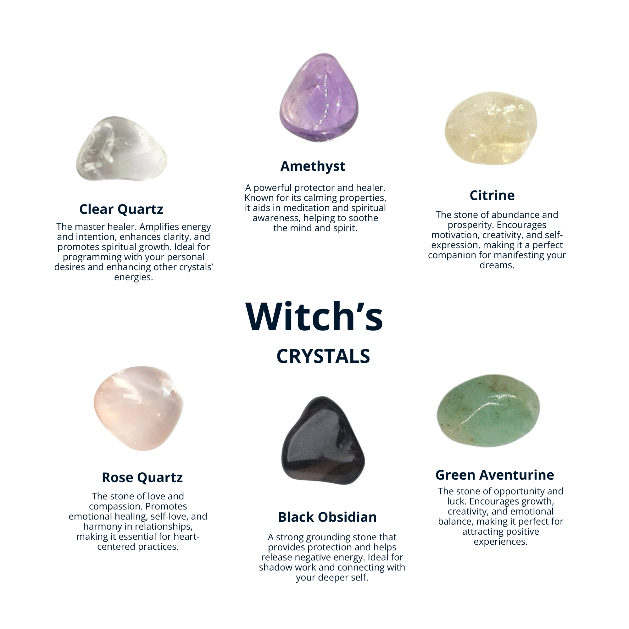 CRYSTALS for Witches. Crystals Gift, Gemstones, Healing Stones, Clear Quartz, Amethyst, Citrine, Rose Quartz, Obsidian, Green Aventurine