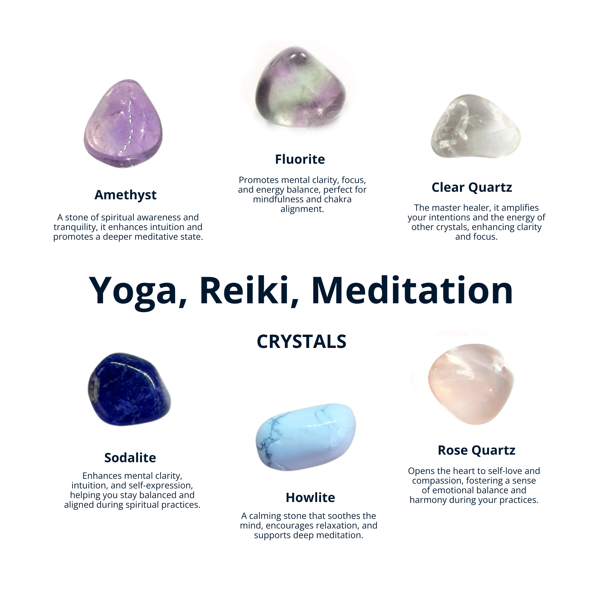 Yoga, Reiki, and Meditation Crystal Set: Amethyst, Clear Quartz, Fluorite, Sodalite, Howlite, Rose Quartz